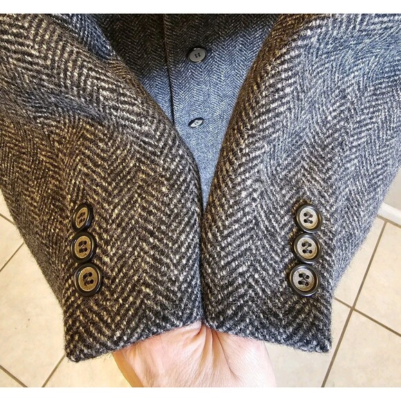 Vintage 80s 90s Herringbone Wool Overcoat Czechoslovakia Mens XL Gray Long Mob - Picture 3 of 9